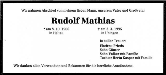 Mathias Rudolf 1906-1995 Todesanzeige